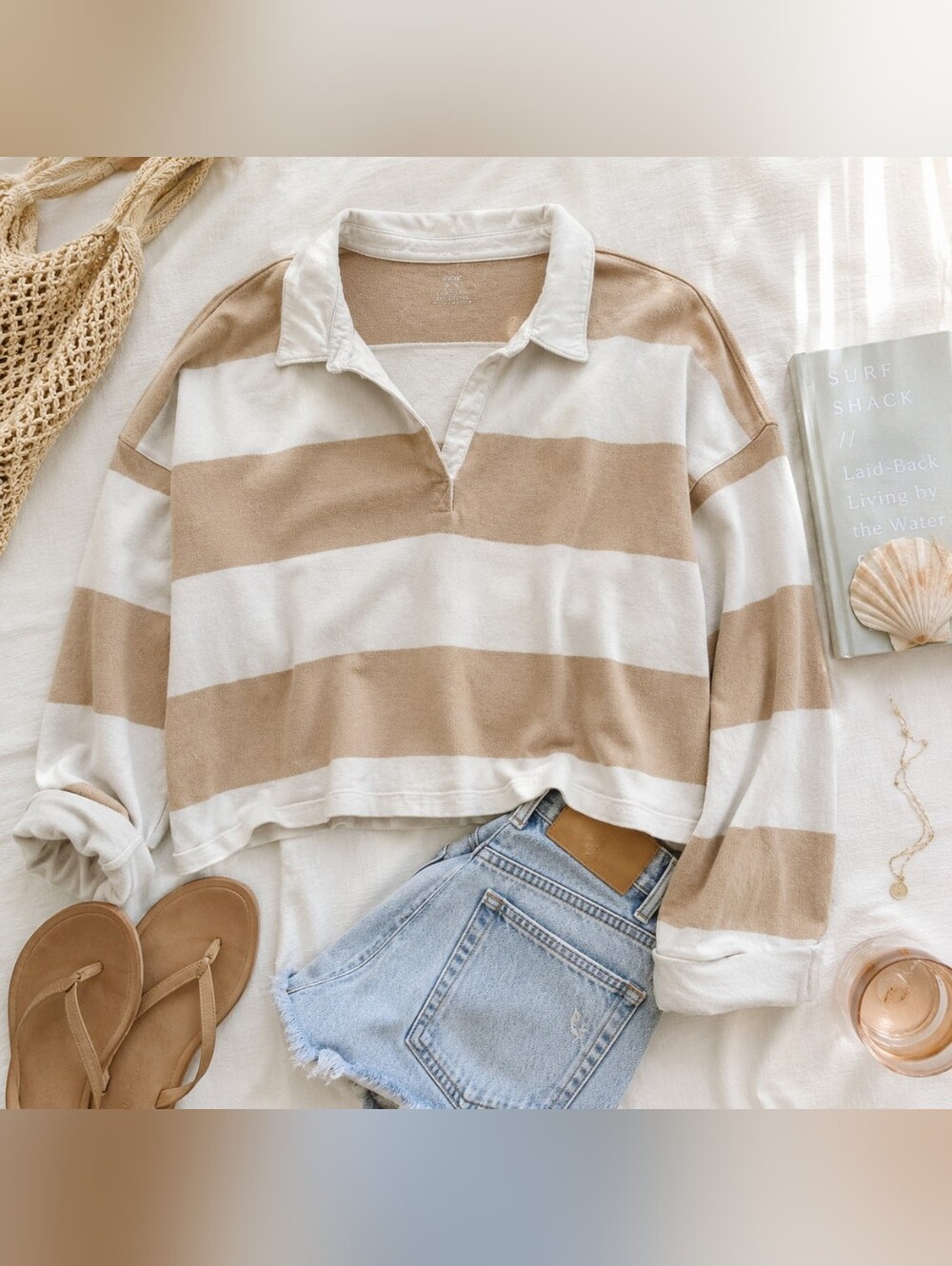 Aerie Lightweight Striped Rugby Top Cozy Summer Night Sweater Beige Neutral XL
